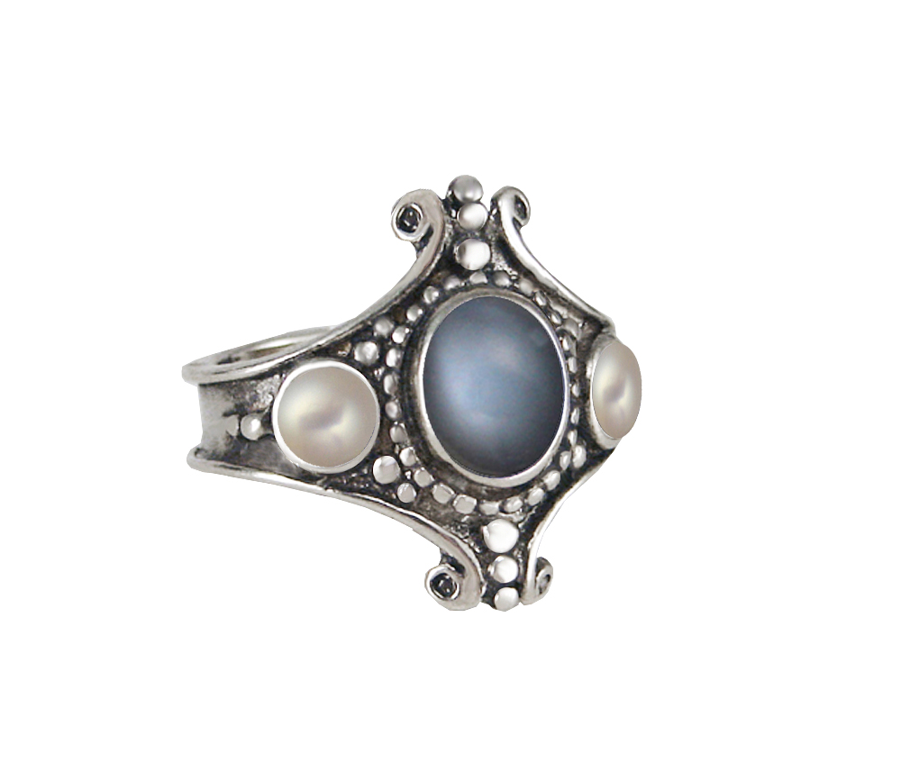 Sterling Silver Imperial Ring With Grey Moonstone And Cultured Freshwater Pearl Size 7